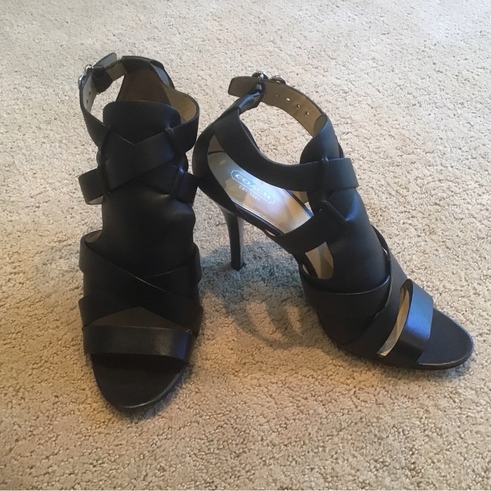 Coach Black Leather Mila Caged Sandals Logo Buckle 4" Heels‎ Shoes 10 B